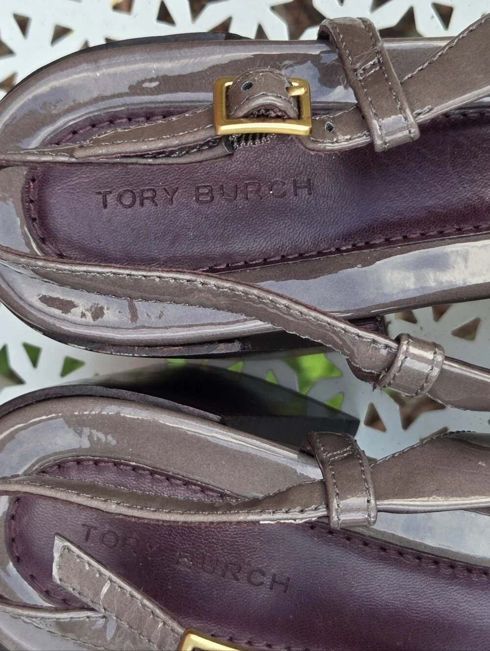 Tory Burch Georgia Taupe Patent Leather Slingback Block Heels Shoes 8